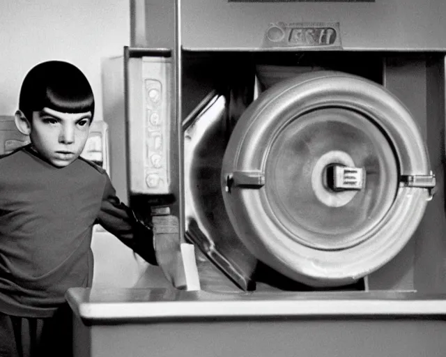 Prompt: young Spock at the laundromat, journalist photo