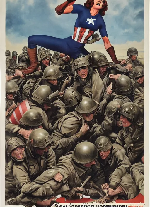 Image similar to female captain america standing on a pile of defeated german soldiers. wwii american propaganda poster by james gurney