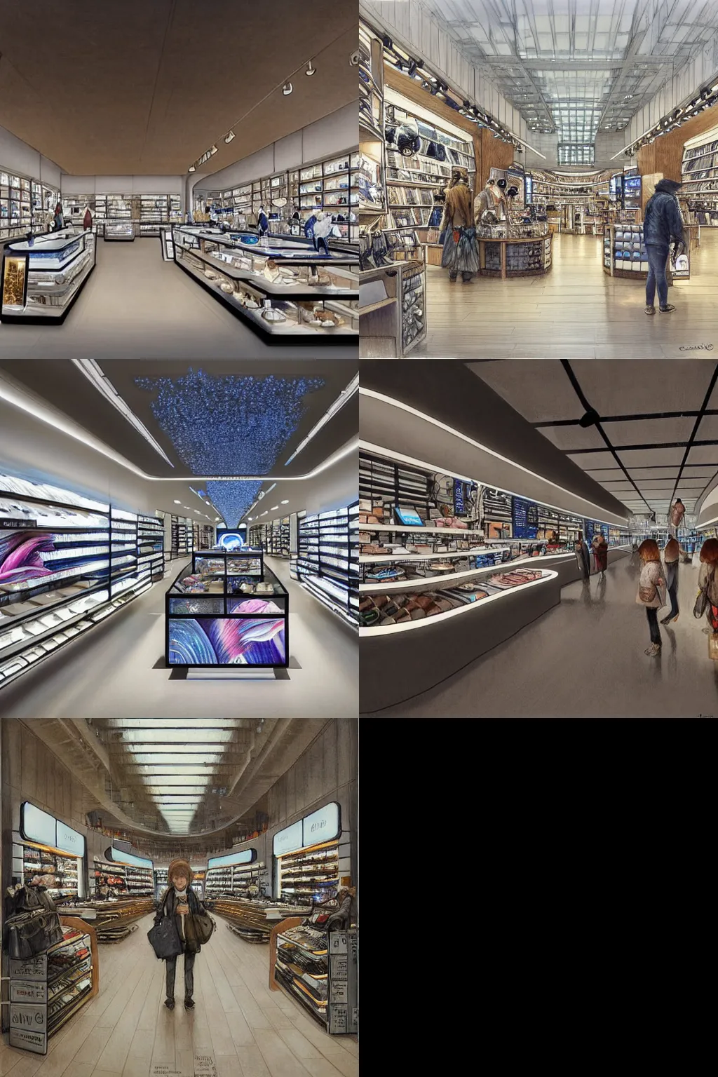 Prompt: (2030s flagship retail interior Samsung Microsoft Apple) by Jean-Baptiste Monge