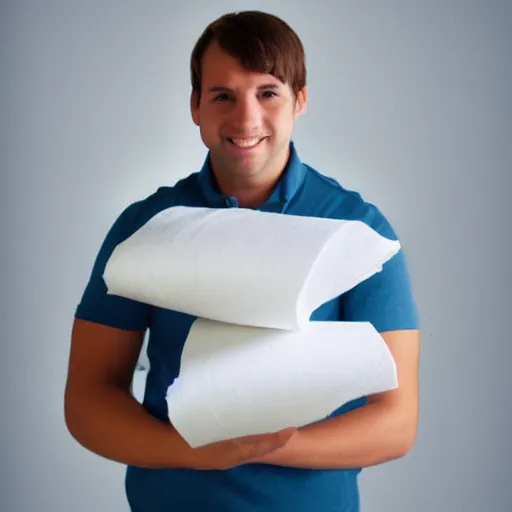 Prompt: a stock photo of a man holding too many rolls of toilet paper