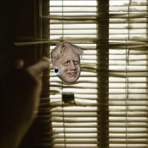 Prompt: a photo taken from the inside of an old house, showing window blinds being pulled back to reveal a terrifying boris johnson with his unhinged face pressed against the window and his bloody hands placed on the window, horrifying grin. horror, raining, night time, zoomed out