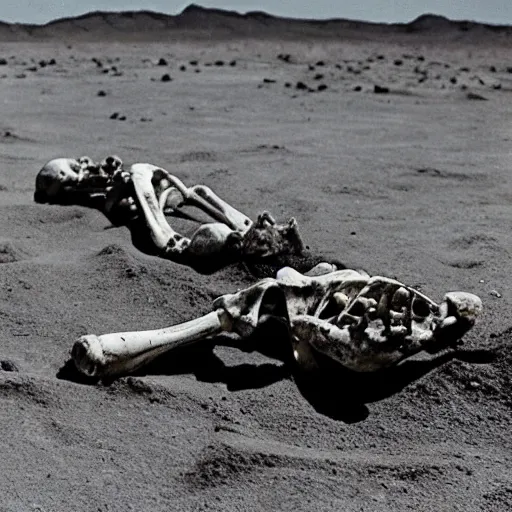 Image similar to grainy 1970s photo on expired film depicting human bones coming out of the sand on planet mars