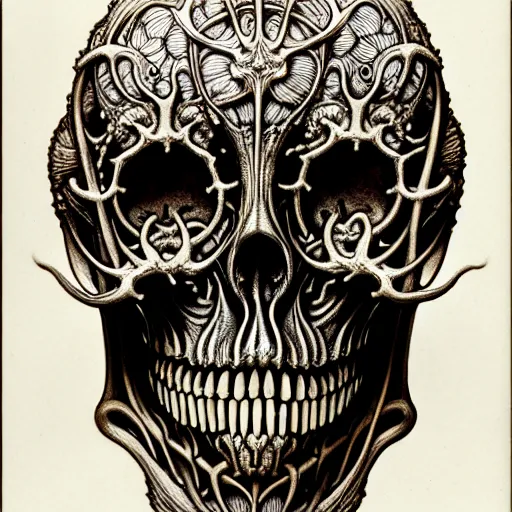 Image similar to art forms of nature by ernst haeckel, memento mori by arthur rackham, ornate antique porcelain beautiful skull mask, ultrasharp, photorealistic, hyperdetailed, octane render, polished, art nouveau, neo - gothic, gothic, intricate ornamental organic filigree, art nouveau botanicals, art forms of nature by ernst haeckel, horizontal symmetry, symbolist, visionary