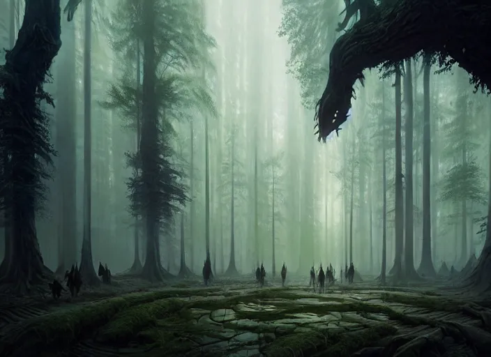 Prompt: the forest council, environment, illustration, symmetrical, smoky, unreal engine, colors, epic scene, fantasy art by greg rutkowski, octane redner, golden raito, high quality, intricate details, highly details, intricate, atmosphere, highly detailed, matte painting, cinematic, deviantart, realistic, concept art, 4 k