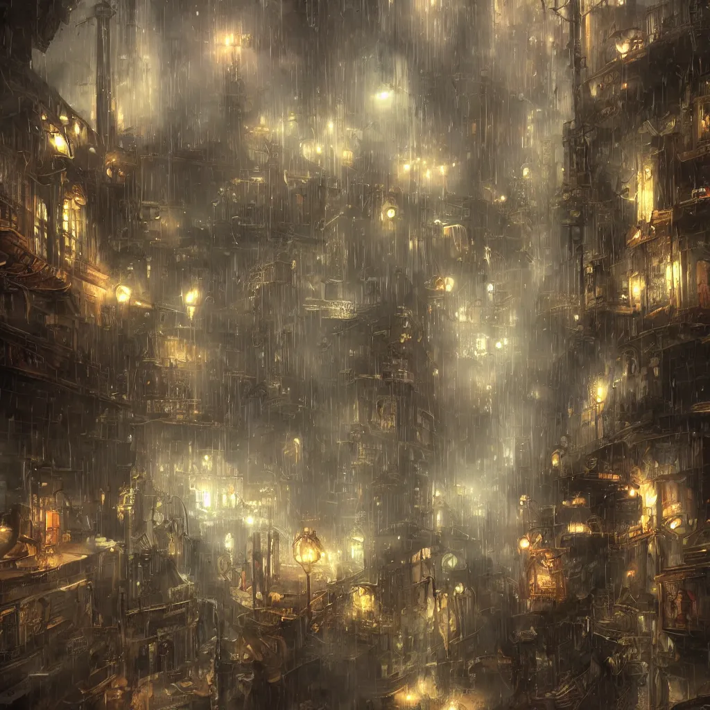 Prompt: steam punk city, concept art, light rain