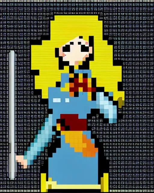 Image similar to a pixel art picture of a woman holding a sword, pixel art by lichtenstein, polycount contest winner, pixel art, isometric 2 d game art, 1 6 bit, dynamic pose, # pixelart