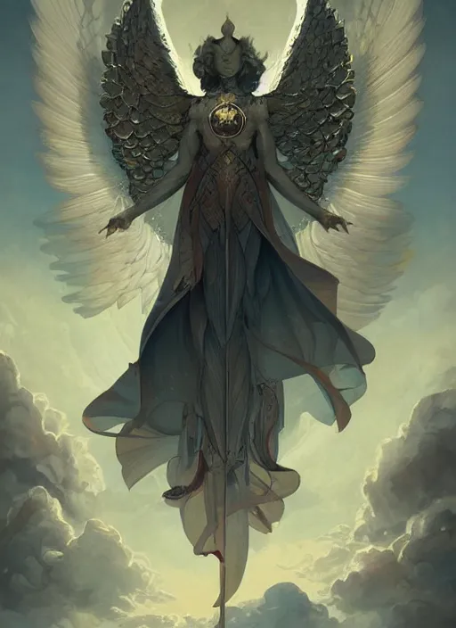 Image similar to archangel micheal detailed illustration by peter mohrbacher and by victo ngai, karol bak, yukito kishirotrending on artstation