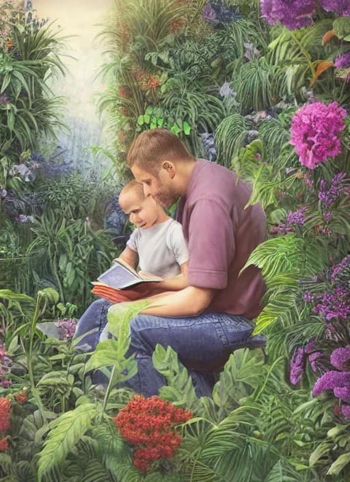 Prompt: father with child, reading a book overgrown by elaborate plants. matte matte background in vibrant pastel tones. highly detailed. sharp focus. HD 8x
