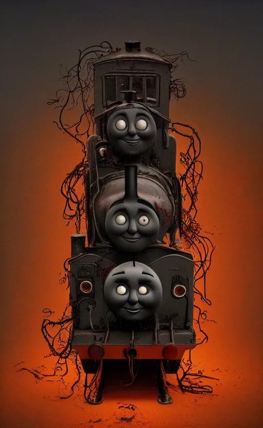 Image similar to thomas the tank engine in style of zdzisław beksinski, extremely dramatic lighting, 8 k, tendrils, black, darkness, black slime tendrils, infected, rust, body horror, thomas the train, thomas the tank engine face, horror,