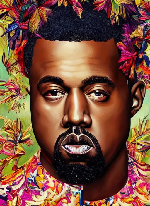 Prompt: ( ( ( ( ( beautiful painting of [ kanye west ], [ kanye west ] contemporary, colorful acrylic, airbrush painting [ realistic portrait ] ) ) ) ) ) by kehinde wiley and archan nair [ hyperrealism ]!!!!!!!