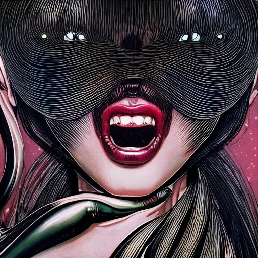 Prompt: portrait closeup of screaming black reflective glossy dark woman, sensual pose, symmetrical, glitches, snakes, by yoichi hatakenaka, masamune shirow, josan gonzales and dan mumford, ayami kojima, takato yamamoto, barclay shaw, karol bak, yukito kishiro, moebius