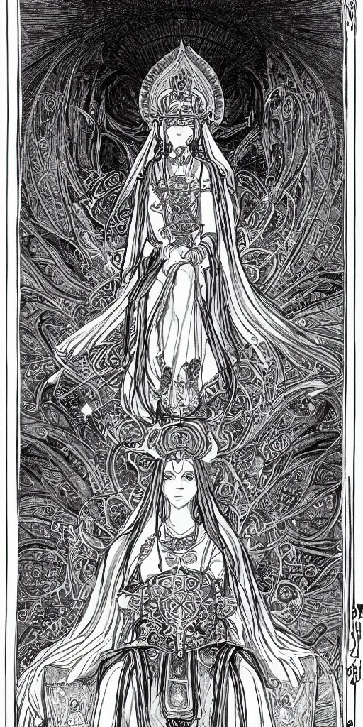 Prompt: a mystical woman priestess sitting on a throne, the divine feminine, drawn by studio UFOTABLE, fine line work