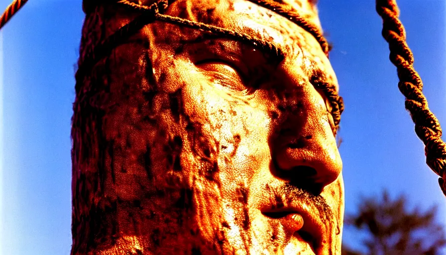 Prompt: 1 9 7 0 s movie still close - up of marcus atilius regulus'face tied with ropes at a pole with wide - open eyes looking directly at the burning sun, his eyes are bleeding intense, cinestill 8 0 0 t 3 5 mm, high quality, heavy grain, high detail, texture, dramatic light