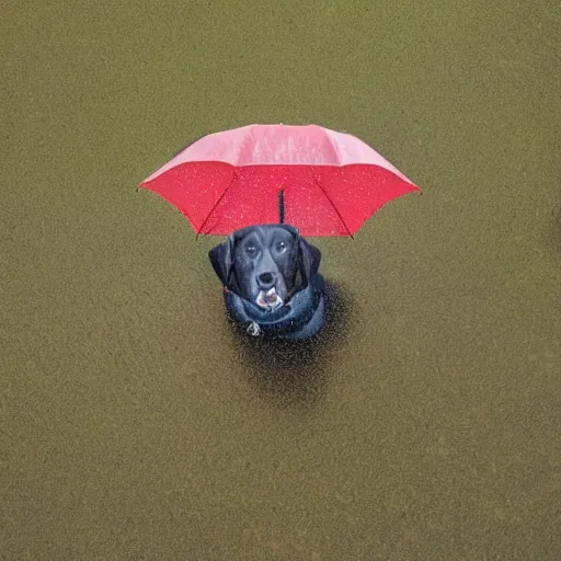 Image similar to dog underneath an umbrella in the rain, view from above stylised