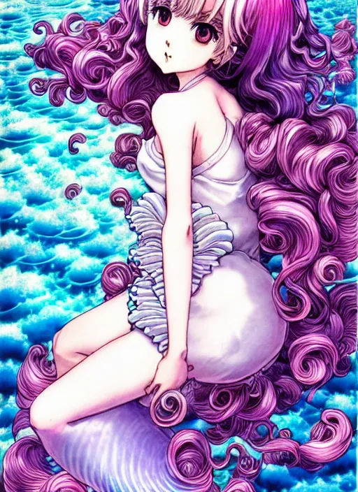 Image similar to manga of beautiful mermaid girl, curls hair, rococo ruffles dress, pastel rainbow, pearlescent, shimmering, reflective, rim light, detailed background, by takeshi obata, katsuhiro otomo, takato yamamoto, illustration, celluloid, dark fantasitc, artstation, concept art, highly detailed, colorful, maximalist