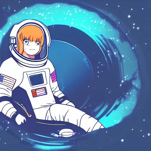 Prompt: an astronaut relaxing in space, Manga Character, anime, vector art, glitchcore,