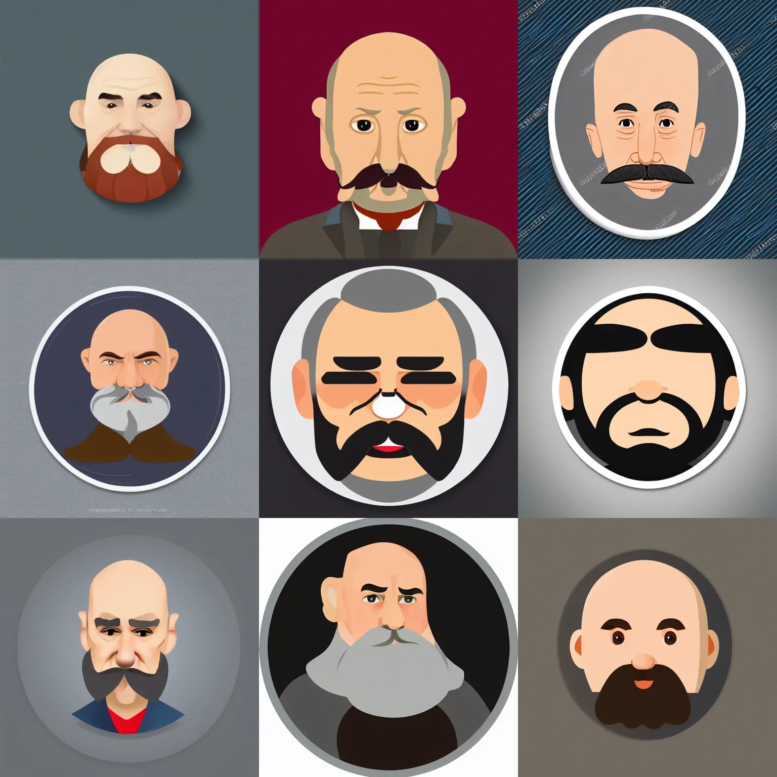 Prompt: circular sticker: old bald Taras Shevchenko with long grey moustache but without a beard in the style of Disney, simple 2D flat design