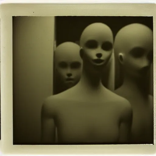 Prompt: dark room filled with shadowy mannequins with distorted faces, distuburbing, horror, nightmare, terrifying, surreal, nightmare fuel, old polaroid, blurry, expired film, lost footage, found footage,