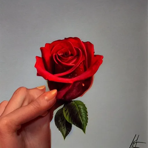 Prompt: a hand holding a red rose, intricate, highly detailed, digital painting, artstation, smooth, sharp focus, illustration, unreal engine 5, 8 k, art by artgerm and greg rutkowski and alphonse mucha, realistic, airbrush style