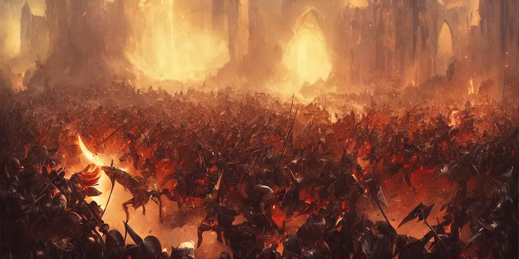 Image similar to a painting of a medieval knights fighting with swords at midnight surrounded by a medieval battle with fire by greg rutkowski, dark fantasy art, high detail, trending on artstation