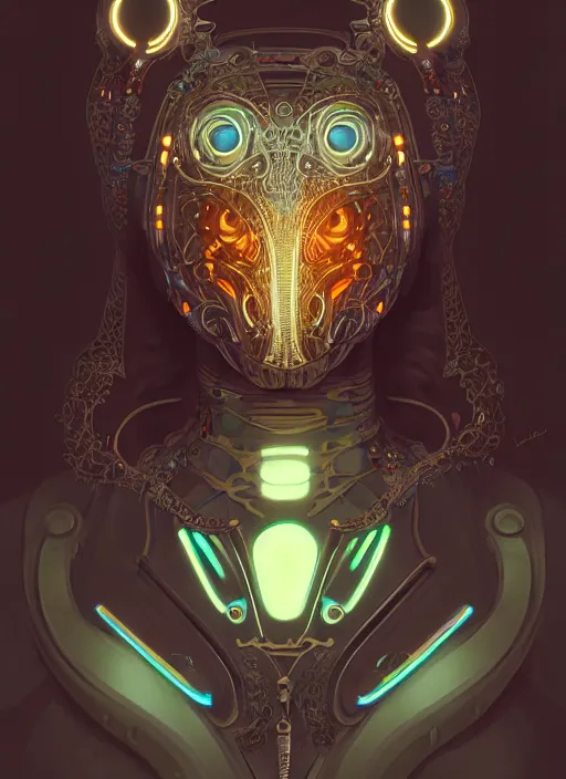 Image similar to organic cyborg, neon bear mask, diffuse lighting, fantasy, intricate, elegant, highly detailed, lifelike, photorealistic, digital painting, artstation, illustration, concept art, smooth, sharp focus, art by John Collier and Albert Aublet and Krenz Cushart and Artem Demura and Alphonse Mucha