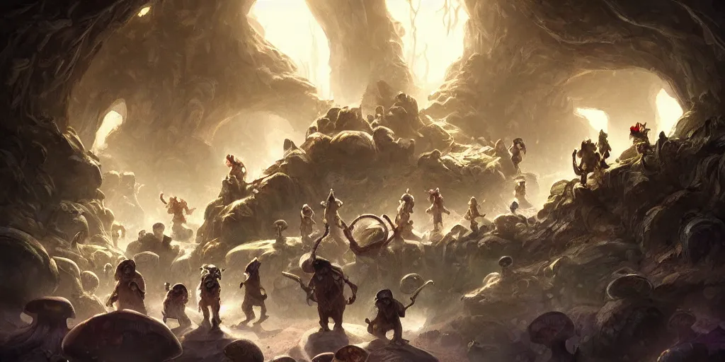 Image similar to goblin miners in a mushroom cave, concept art, digital illustration, trending on artstation, deviantart, artgerm, epic composition, masterpiece, highly detailed, advanced technique, ambient lighting, wlop, ross draws