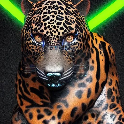 Prompt: portrait of a neon cyberpunk jaguar animal snarling, octane render