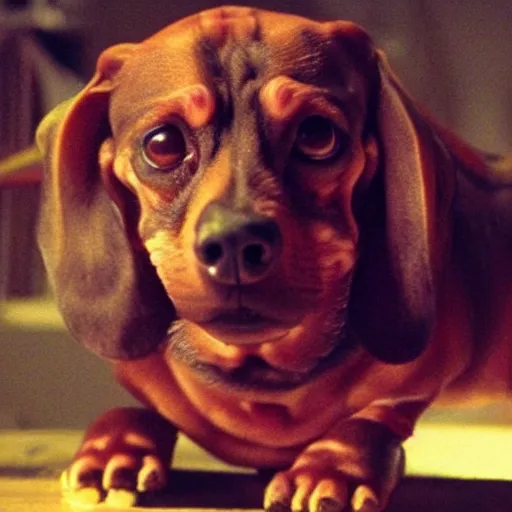 Prompt: creepy fat dachshund, practical fx horror film, body horror, cronenberg