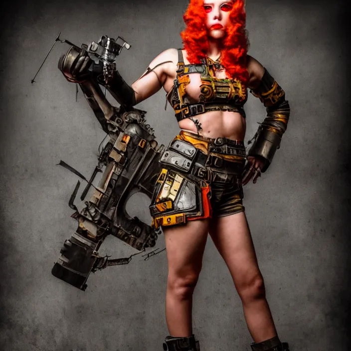 Image similar to full length photo of a very beautiful female atompunk warrior, 8 k, hdr, smooth, sharp focus, high resolution, award - winning photo