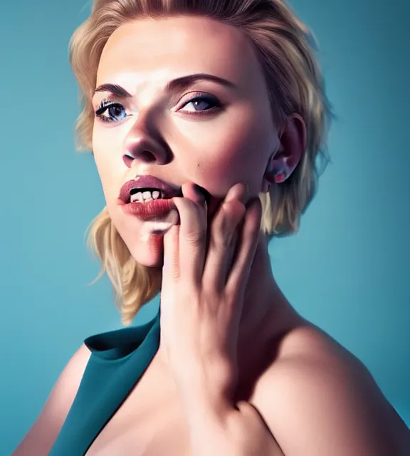 Image similar to portrait photo of Scarlett Johansson:: symmetric face, symmetric eyes, slight smile, photo by Annie Leibovitz, 85mm, teal studio backdrop, Getty images