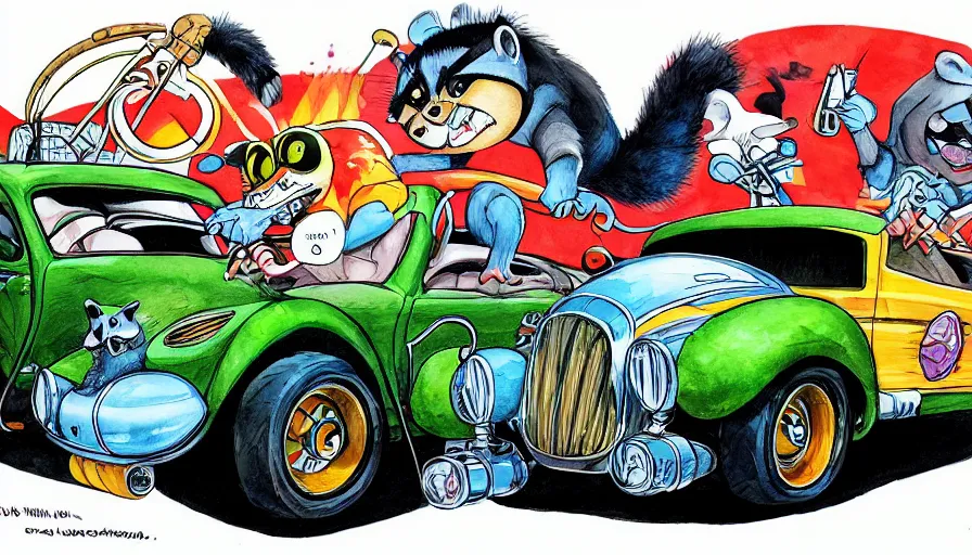 Prompt: funny, racoon riding in a tiny hot rod coupe with oversized engine, ratfink style by ed roth, centered award winning watercolor pen illustration, by chihiro iwasaki, edited by range murata