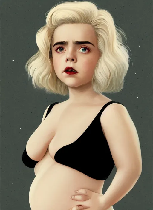 Image similar to full body portrait, kiernan shipka as sabrina spellman, white hair, obese, bangs, sultry, realistic, sultry smirk, fluffy bangs, curly bangs, fat, belly, intricate, elegant, highly detailed, digital painting, artstation, concept art, smooth, sharp focus, illustration, art by wlop, mars ravelo and greg rutkowski