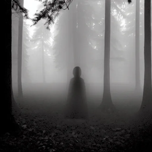 Image similar to shadow people in forest, staring at camera glowing white eyes, black and white, foggy, grainy, very old, creepy, eerie, unsettling