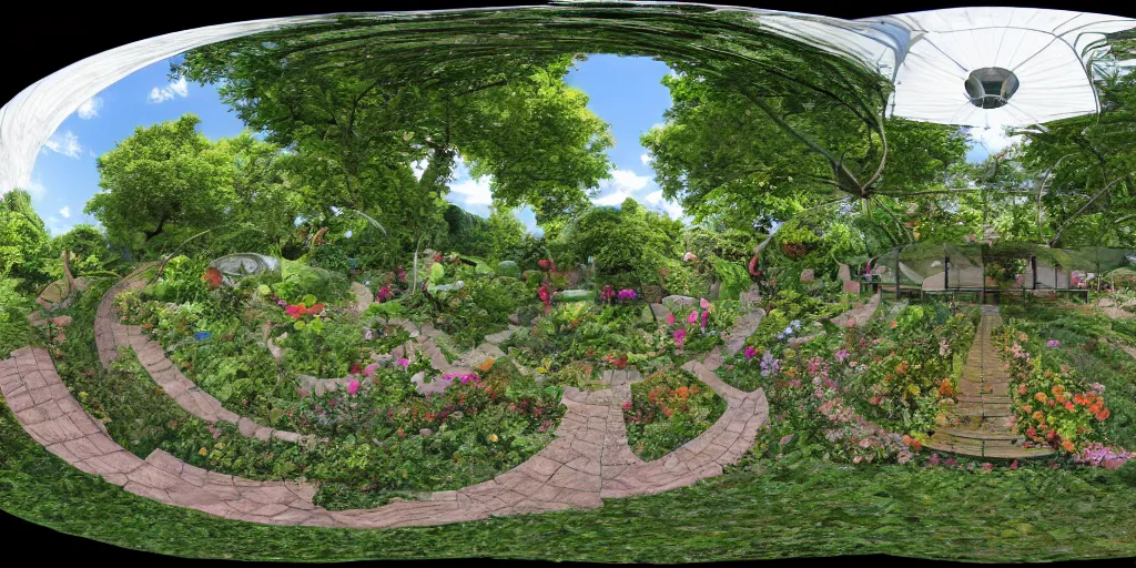 Image similar to seamless equirectangular projection of a 3 6 0 view inside a garden