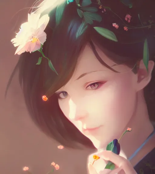 Image similar to pretty woman holding a flower, by wlop, poster, anime key visual, artstation