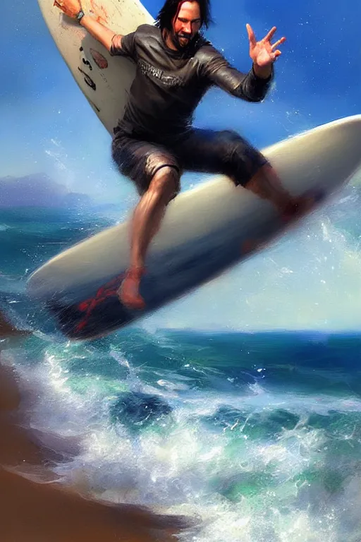 Image similar to keanu reeves surfing, sun lights, painting by daniel gerhartz, alphonse murac, detailed art, artstation