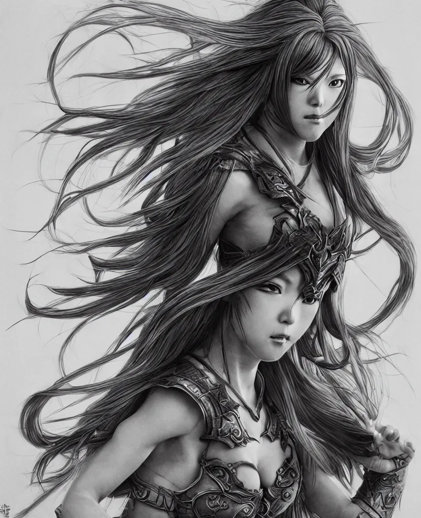 Image similar to hyper - realistic pencil drawing of a fantasy warrior anime woman withwith long hair twirling, very exaggerated fisheye perspective, art by shinichi sakamoto