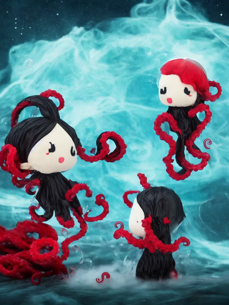 Image similar to cute fumo plush chibi gothic octopus prince boy washing his hair in the waves of the wavering dark galactic abyss, long black and red ruffled intricate uniform with ribbons, ocean wave thunderstorm and reflective splashing water, wisps of smoke and haze and volumetric fog, ocean simulation, vignette, vray