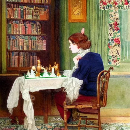 Image similar to a young edwardian woman playing chess against a rabbit in a beautiful victorian living room, in the style of Carl Larsson