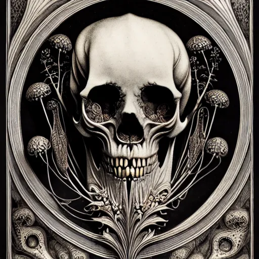 Image similar to art forms of nature by ernst haeckel, memento mori by arthur rackham, ornate antique porcelain beautiful skull mask, ultrasharp, photorealistic, hyperdetailed, octane render, polished, art nouveau, neo - gothic, gothic, intricate ornamental organic filigree, art nouveau botanicals, art forms of nature by ernst haeckel, horizontal symmetry, symbolist, visionary