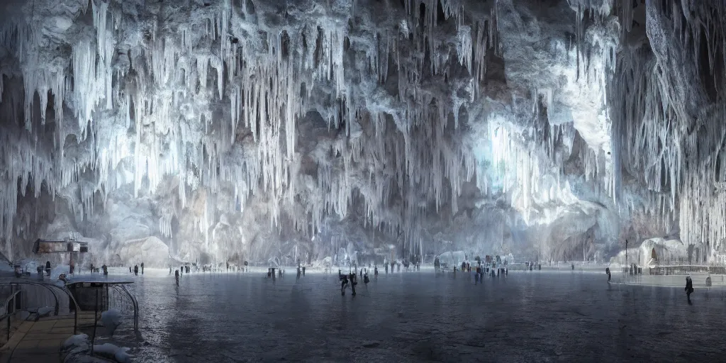 Prompt: A hyperrealistic concept art of a very beautiful winter cityscape of a city inside giant cave, lots of giant stalactites and stalagmites, stunning massive ornately 3d render inspired art by Renato muccillo and Andreas Rocha and Johanna Rupprecht + symmetry + natural volumetric lighting, 8k octane beautifully detailed render, post-processing, highly detailed, intricate complexity, epic composition, magical atmosphere, cinematic lighting + masterpiece, trending on artstation