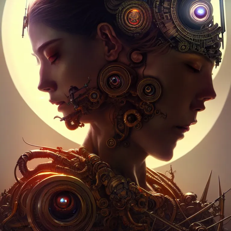 Image similar to ultra realistic beautiful cyborg deity eyes closed, fantasy, intricate details, movie still, highly detailed, photorealistic, octane render, eerie, 8k, art by artgerm and james clyne and greg rutkowski and alphonse mucha