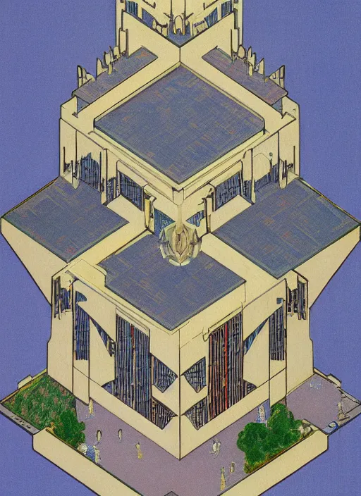 Image similar to isometric artdeco cathedral by frank lloyd wright, isometric, painted by piet mondrian in isometric from above