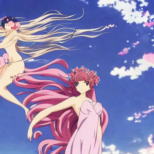 Image similar to the birth of venus in anime form, kyoto animation, cinematic, atmospheric