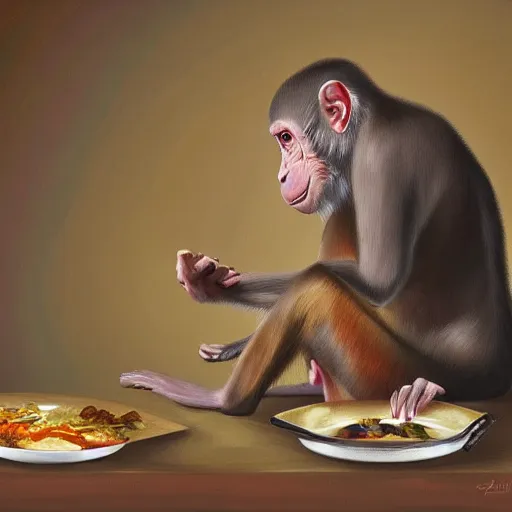 Prompt: digital art painting of a dissected monkey being eaten for dinner by an elderly man