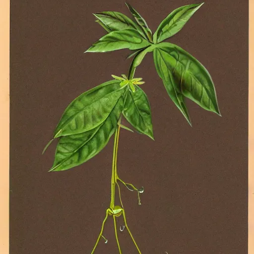 Prompt: scientific illustration of an alien plant brought back from venus showing tuber, leaves, and flowering stalk.