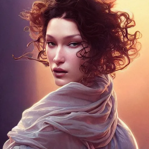 Image similar to ultra realistic illustration, bella hadid wearing a curly english mustache, intricate, elegant, highly detailed, digital painting, artstation, concept art, smooth, sharp focus, illustration, art by artgerm and greg rutkowski and alphonse mucha