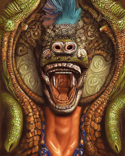 Image similar to digital painting of mayan feathered serpent god, by filipe pagliuso and justin gerard, fantasy, highly detailed, intricate, sharp focus, tarot card, serpent head, fangs