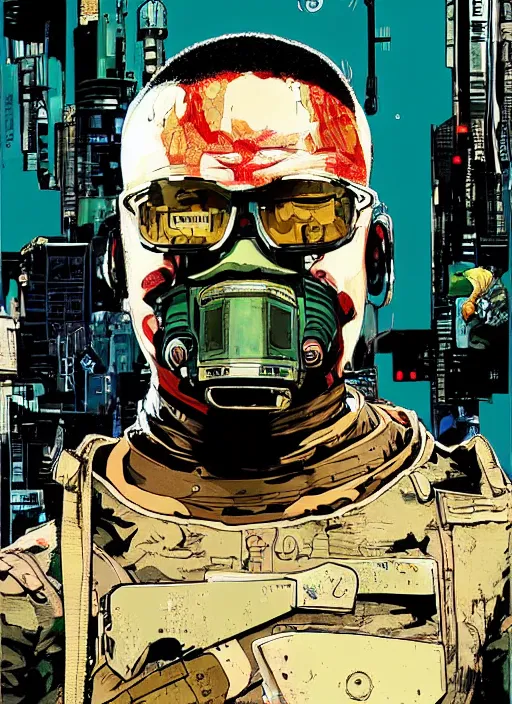 Image similar to chidi igwe. cyberpunk mercenary in military stealth suit. portrait illustration, pop art, splash painting, art by geof darrow, ashley wood, alphonse mucha, makoto shinkai