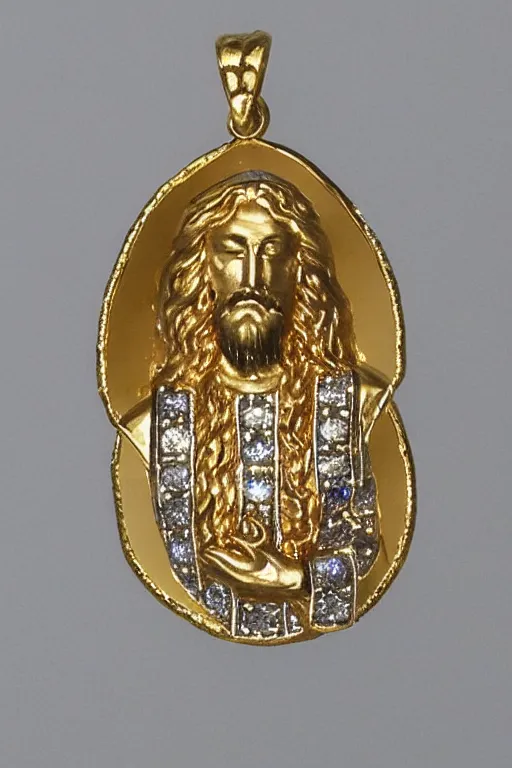 Image similar to this gold jesus pendant upgraded in platinum and sapphires where there are diamonds. high shine jewelry